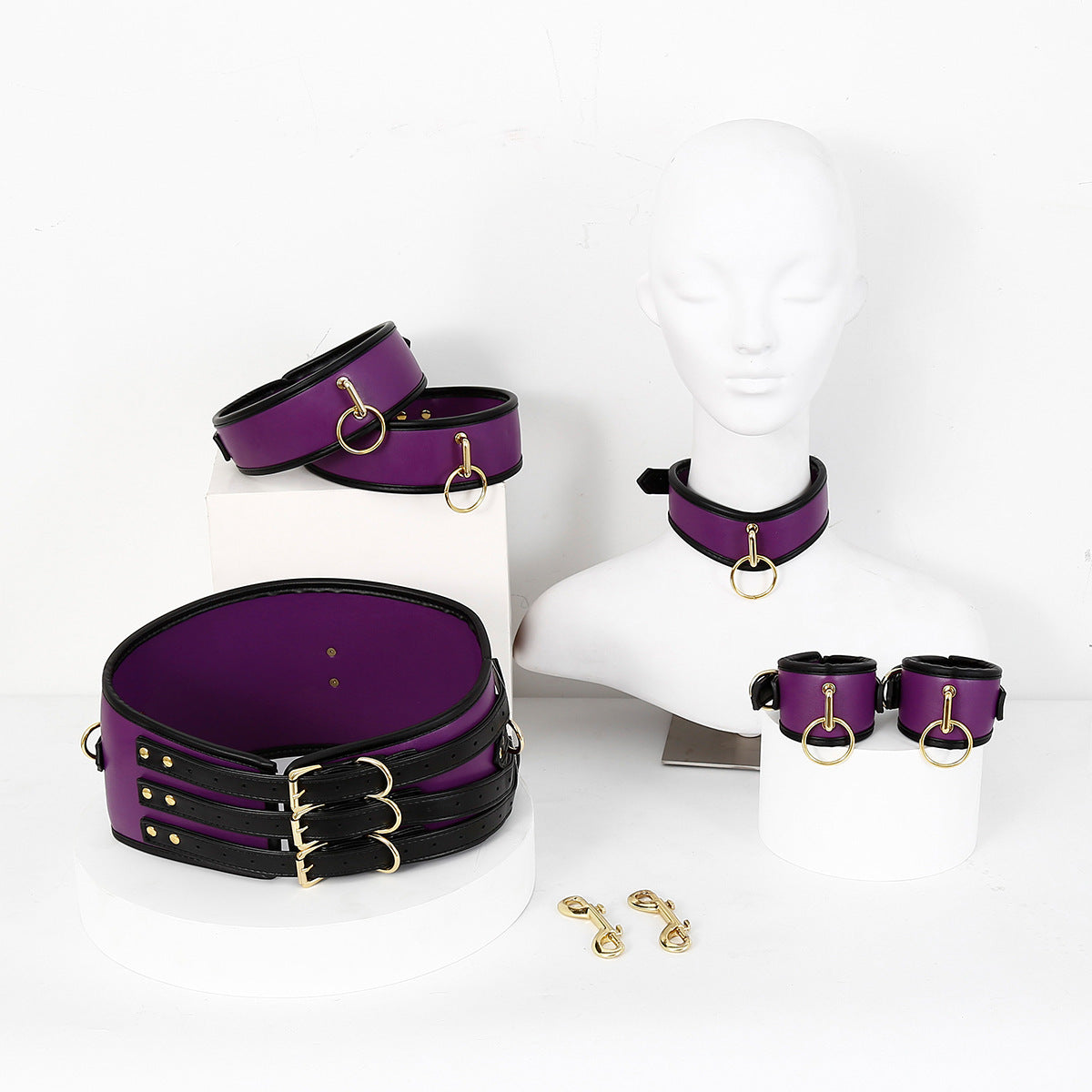 Adjustable PU Leather Bondage Restraint Set - Collar, Waist Belt, Hand & Leg Cuffs with Connectors(purple)