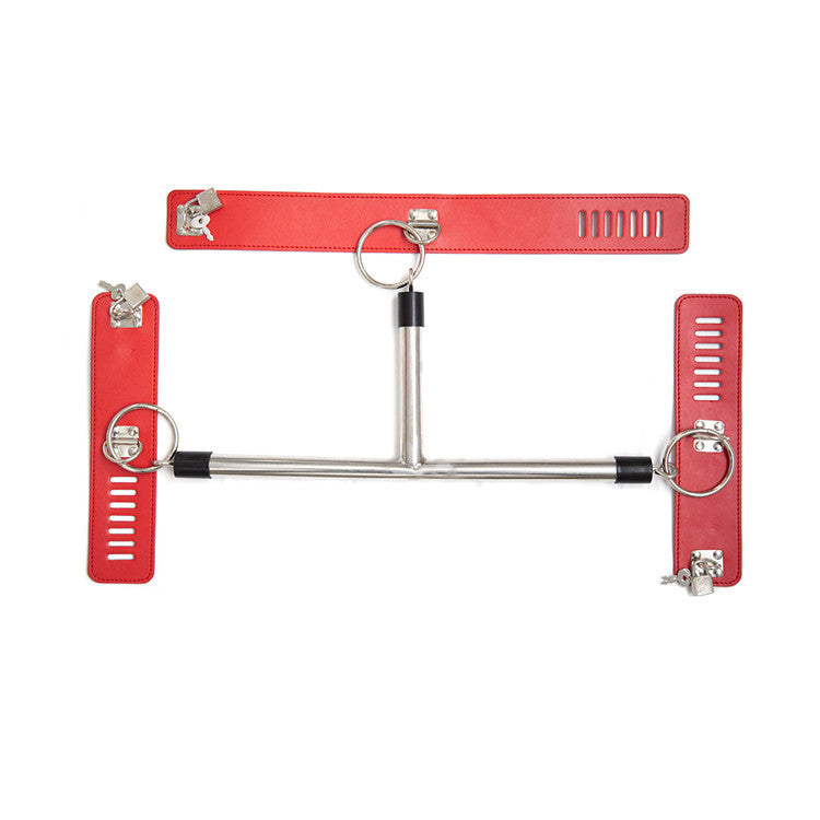 Adjustable PU Leather Collar & Locking Handcuff Spreader Bar Set - Adult Novelty Restraint(black)