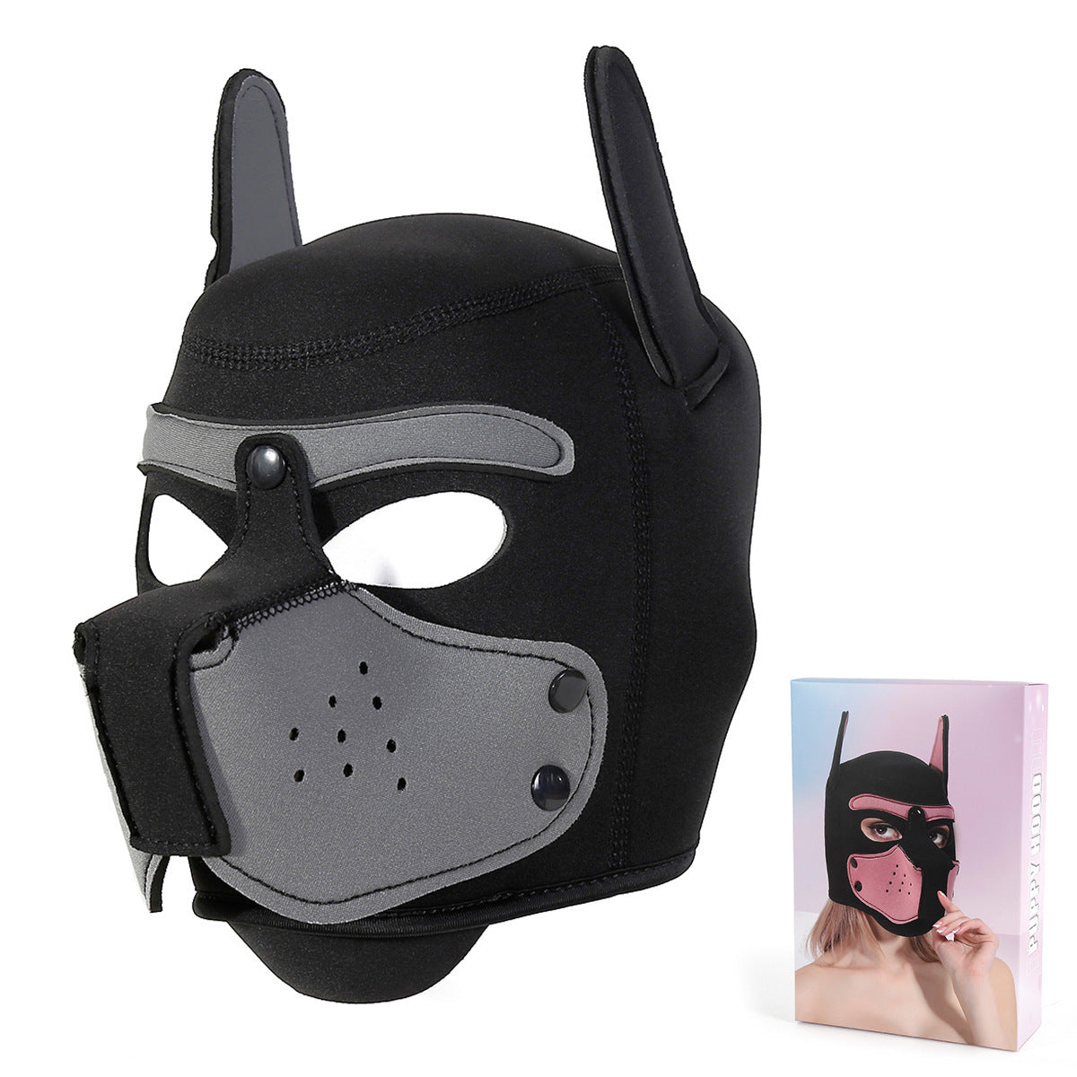 Playful Puppy Hood Mask - Soft Neoprene Full Head Cosplay & SM Accessory(Gray)