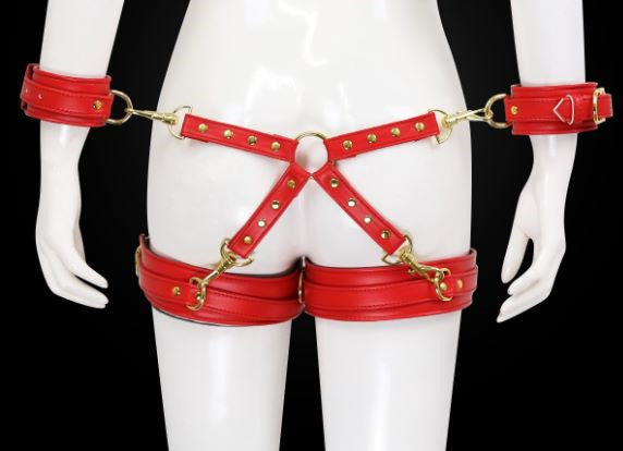 Adjustable PU Leather X-Harness Restraint Set with Cuffs - Playful Bondage Accessory(Red)