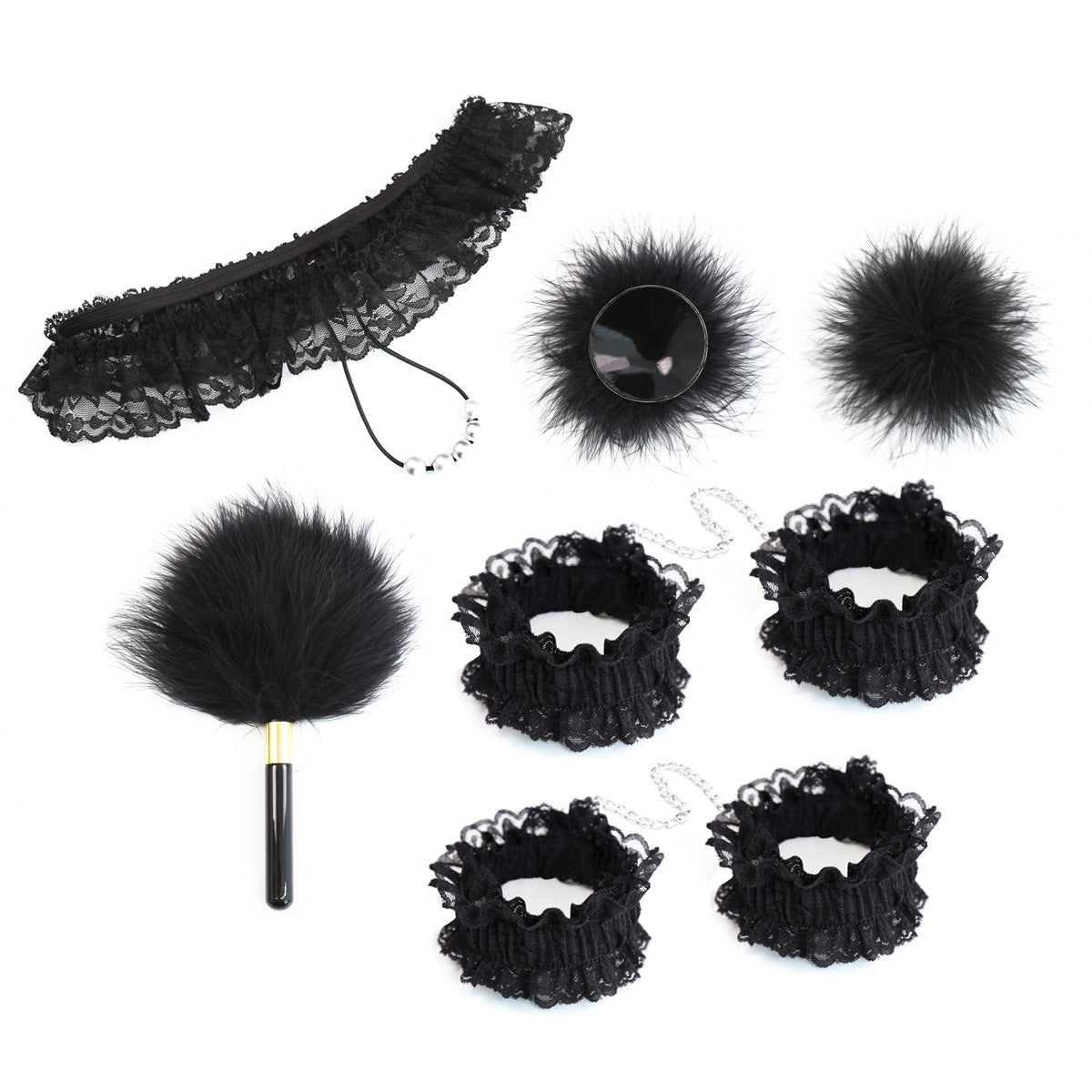 7-Piece Lace & Feather Playful Lingerie Accessory Set - Cuffs, G-String, Tickler &Nipple stickers(black)