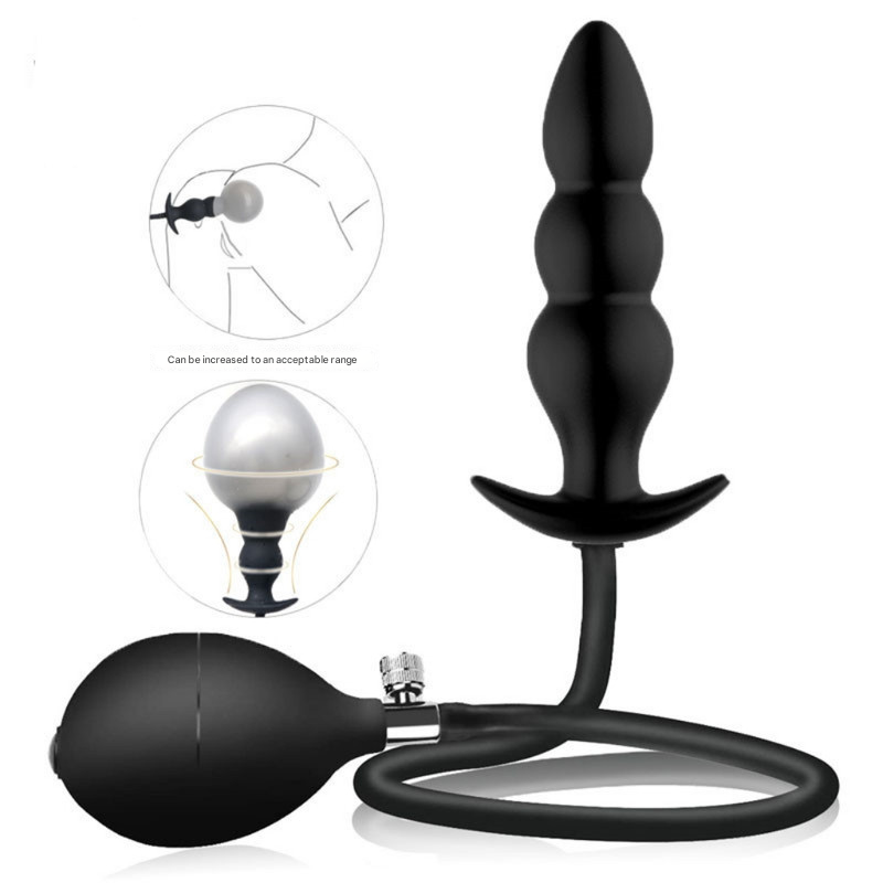 Black 3-Bead Pull-On Inflatable Butt Plug - Large Silicone Dilator